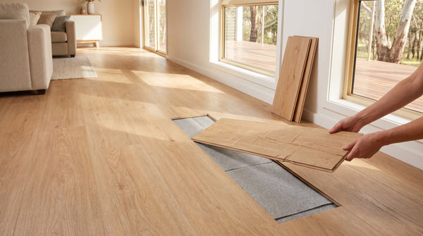 A single scratched and chipped board being lifted out of a light oak click-lock floating floor in an Australian living room