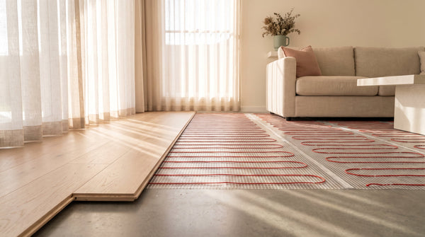 Pale oak hybrid floorboards being laid over a thin electric underfloor heating mat on a concrete slab