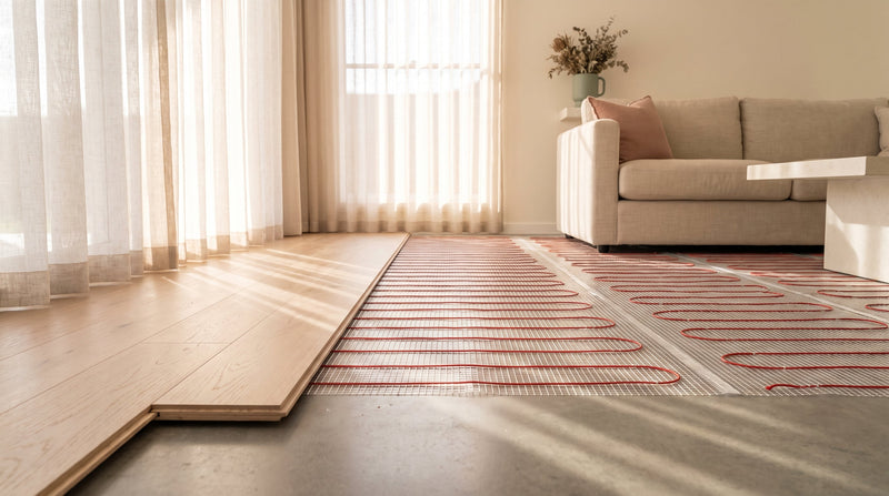 Pale oak hybrid floorboards being laid over a thin electric underfloor heating mat on a concrete slab