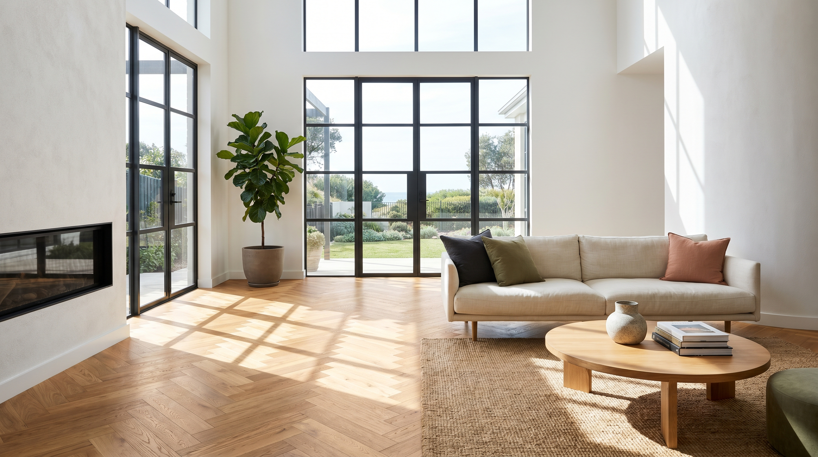 Warm oak engineered herringbone parquetry flooring in a bright Australian room