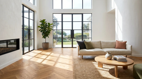 Warm oak engineered herringbone parquetry flooring in a bright Australian room