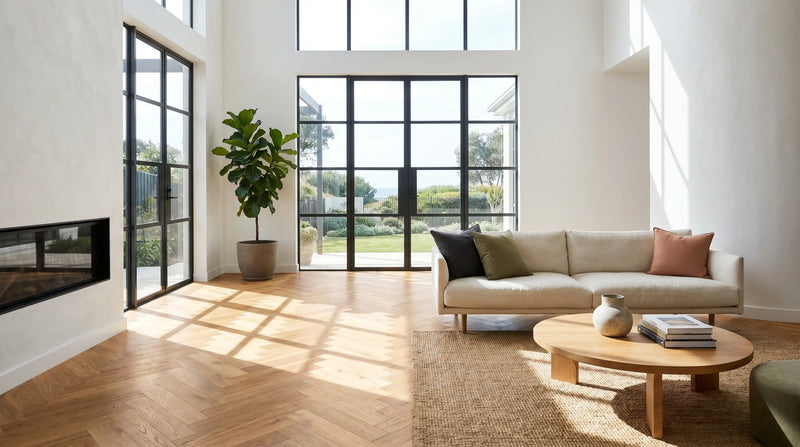 Warm oak engineered herringbone parquetry flooring in a bright Australian room
