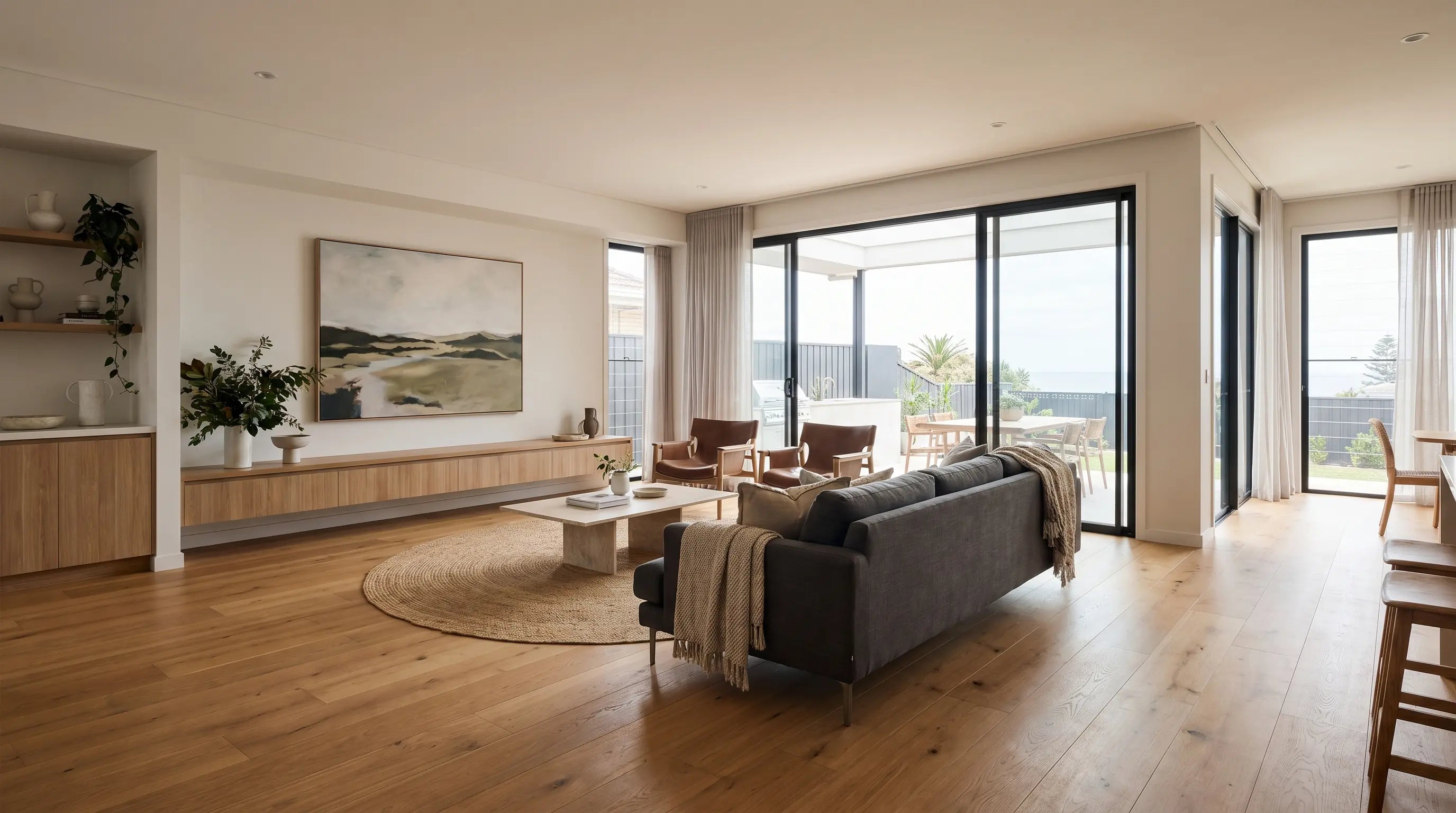 Premium wide-plank European oak engineered timber flooring in an upscale Australian living room