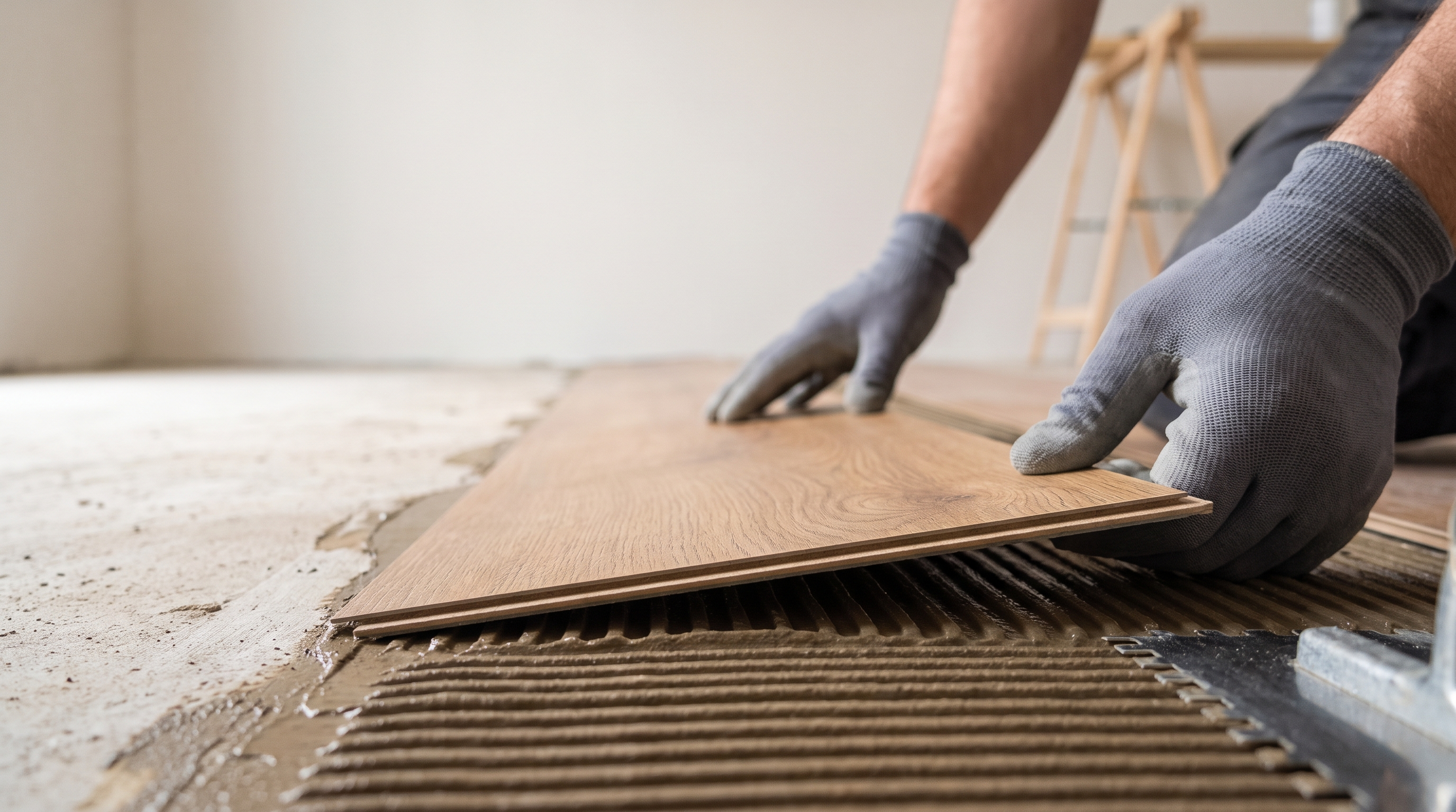 Gloved hands pressing a warm oak vinyl plank down into fresh combed adhesive beside a notched trowel
