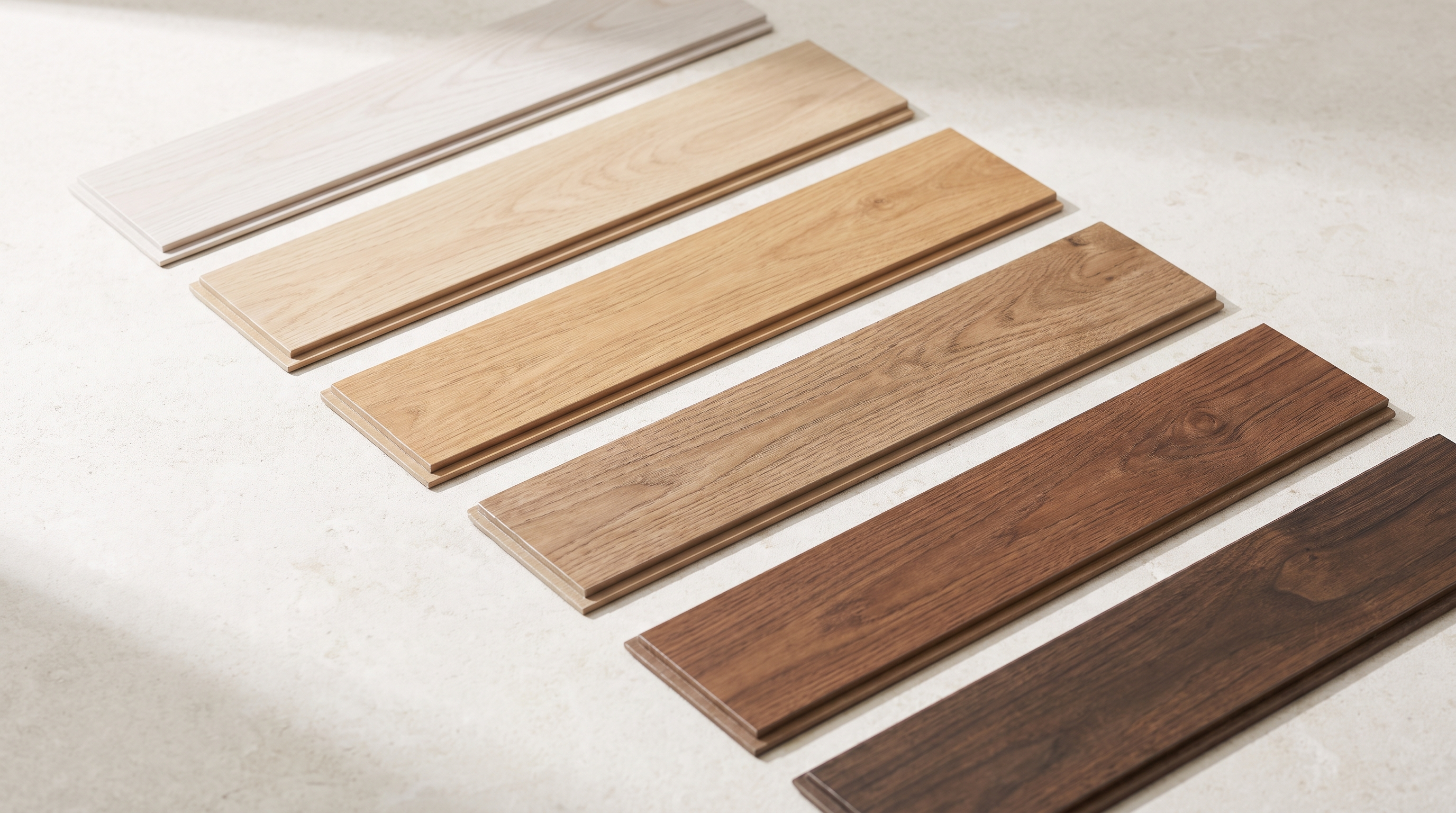 Timber-look vinyl plank samples laid out as a colour ladder from pale white-washed oak through to deep smoked walnut