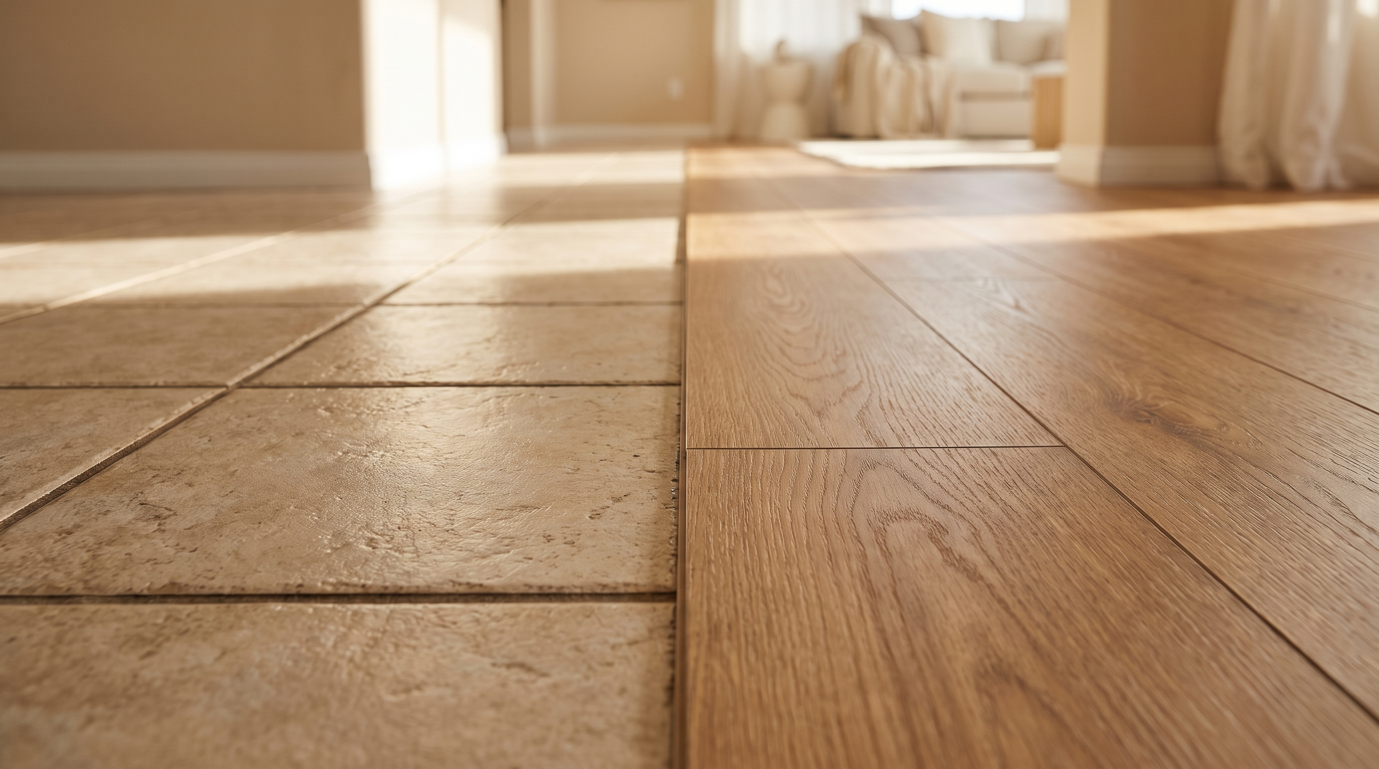 Warm oak vinyl planks laid directly over old beige ceramic tiles, with the join between the old and new floor visible