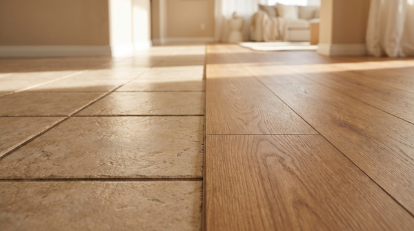 Warm oak vinyl planks laid directly over old beige ceramic tiles, with the join between the old and new floor visible
