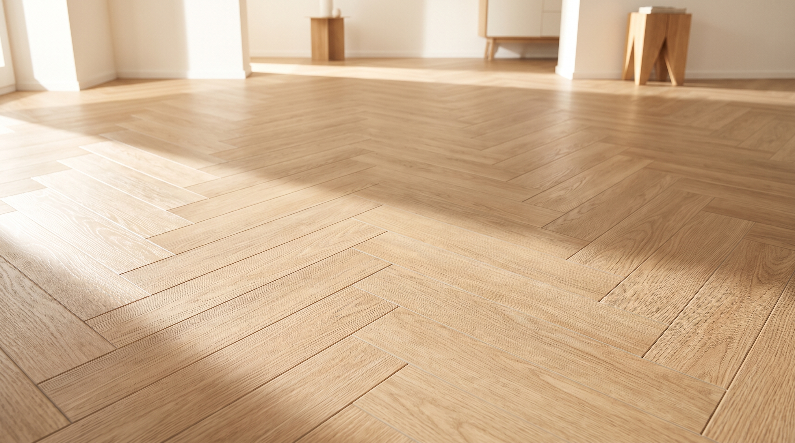 Light oak herringbone vinyl flooring filling the frame, the zigzag parquet pattern lit by raking morning light