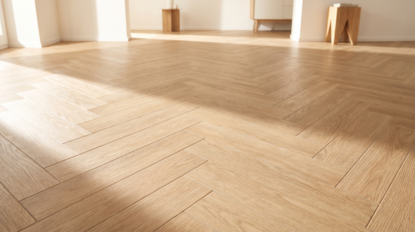 Light oak herringbone vinyl flooring filling the frame, the zigzag parquet pattern lit by raking morning light