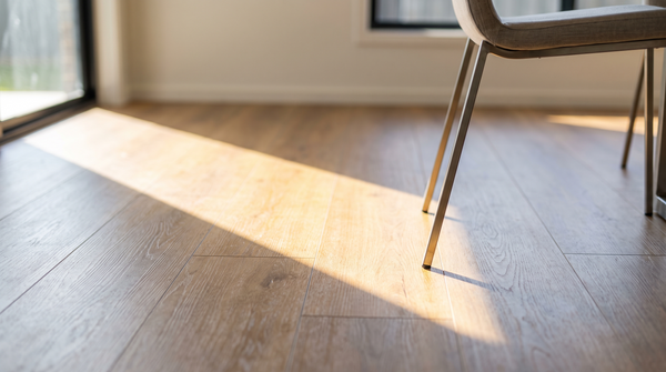 Afternoon sunlight falling across oak vinyl plank flooring, showing the tonal difference between the sunlit and shaded boards