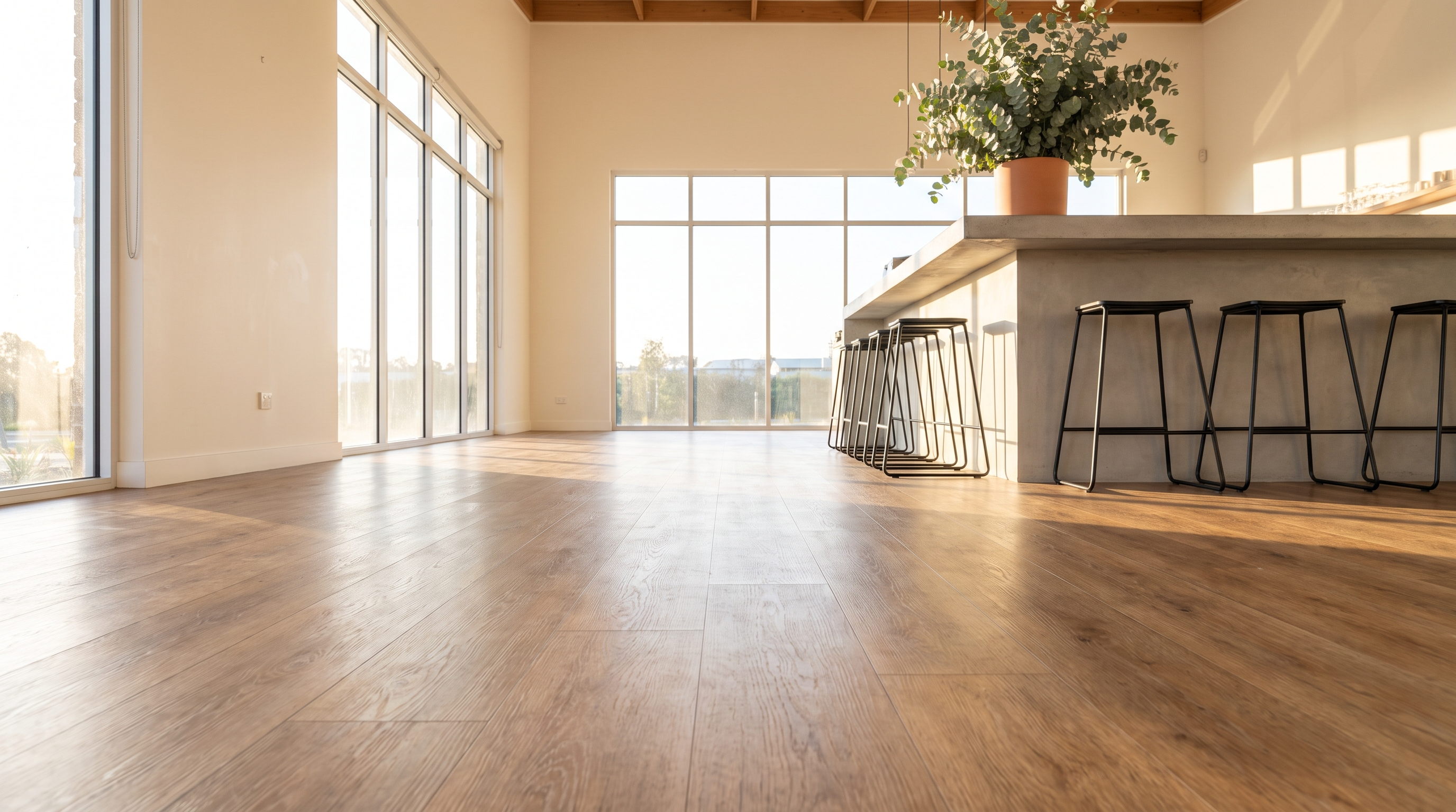 Hard-wearing oak commercial vinyl plank flooring running through a bright modern Australian cafe before opening