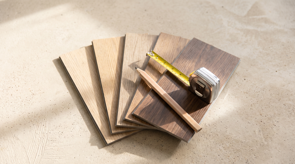 Timber-look vinyl plank samples fanned out beside a tape measure and pencil, ready for working out flooring cost per square metre
