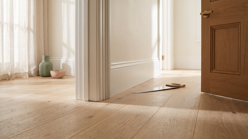 Pale oak hybrid floorboards fitted neatly under an undercut door jamb and architrave in a bright Australian hallway