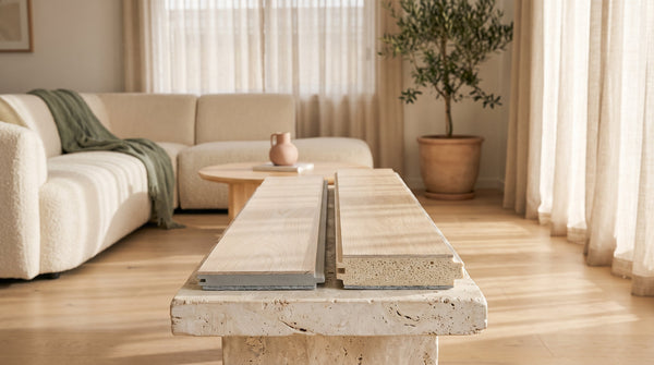 Two hybrid flooring offcuts side by side showing a dense stone-grey SPC core next to a thicker foamed WPC core under the same oak-look surface