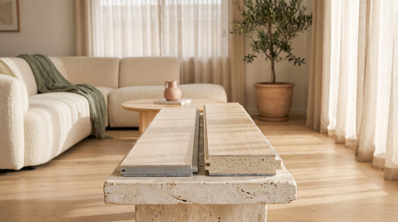 Two hybrid flooring offcuts side by side showing a dense stone-grey SPC core next to a thicker foamed WPC core under the same oak-look surface