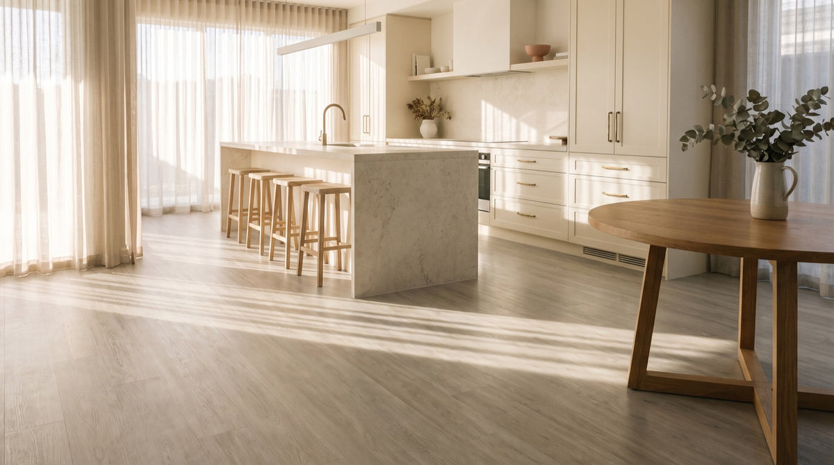 Artifloor luxury vinyl plank flooring in an open plan Australian kitchen and dining room