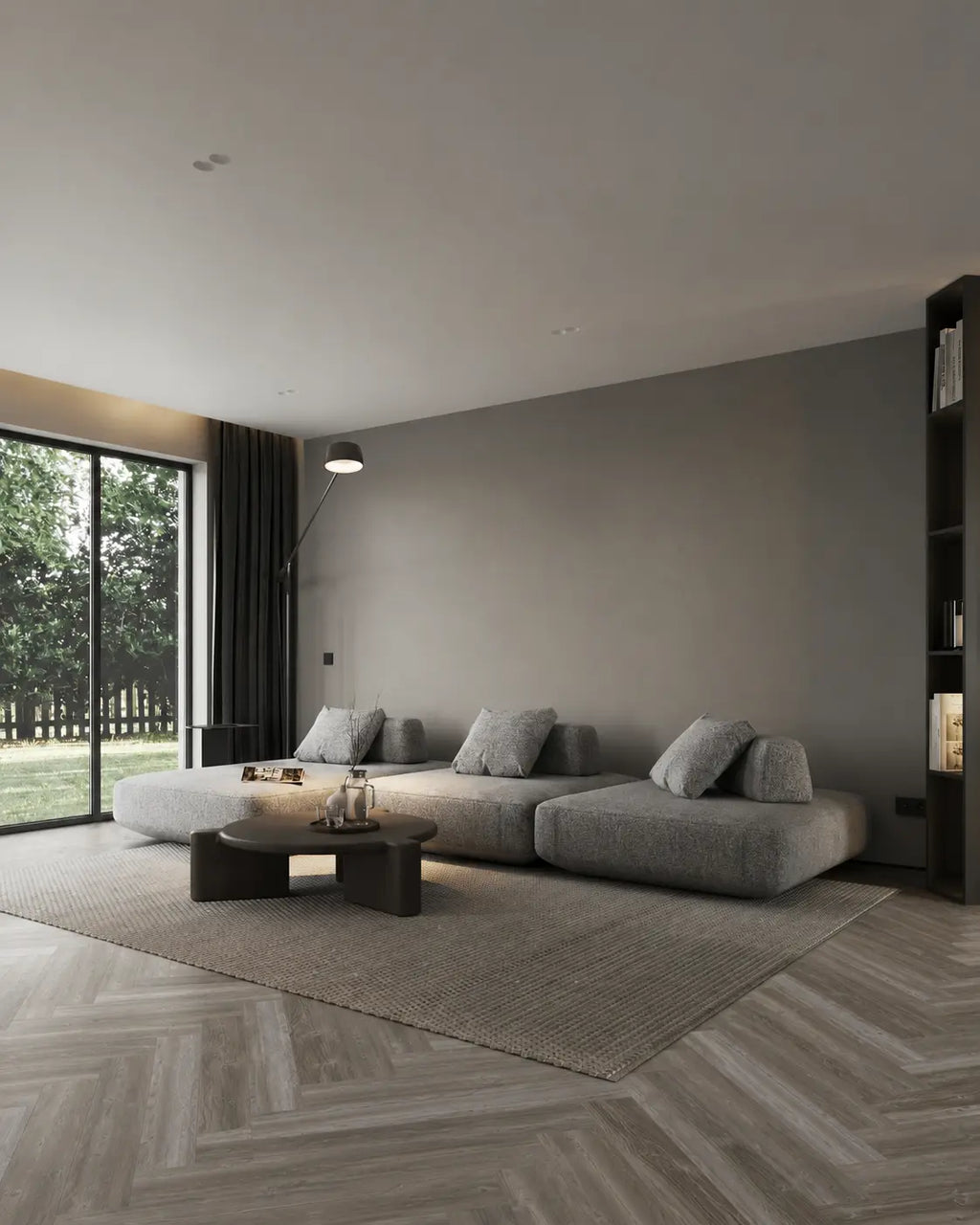 Grey River Pine herringbone luxury vinyl plank flooring room scene