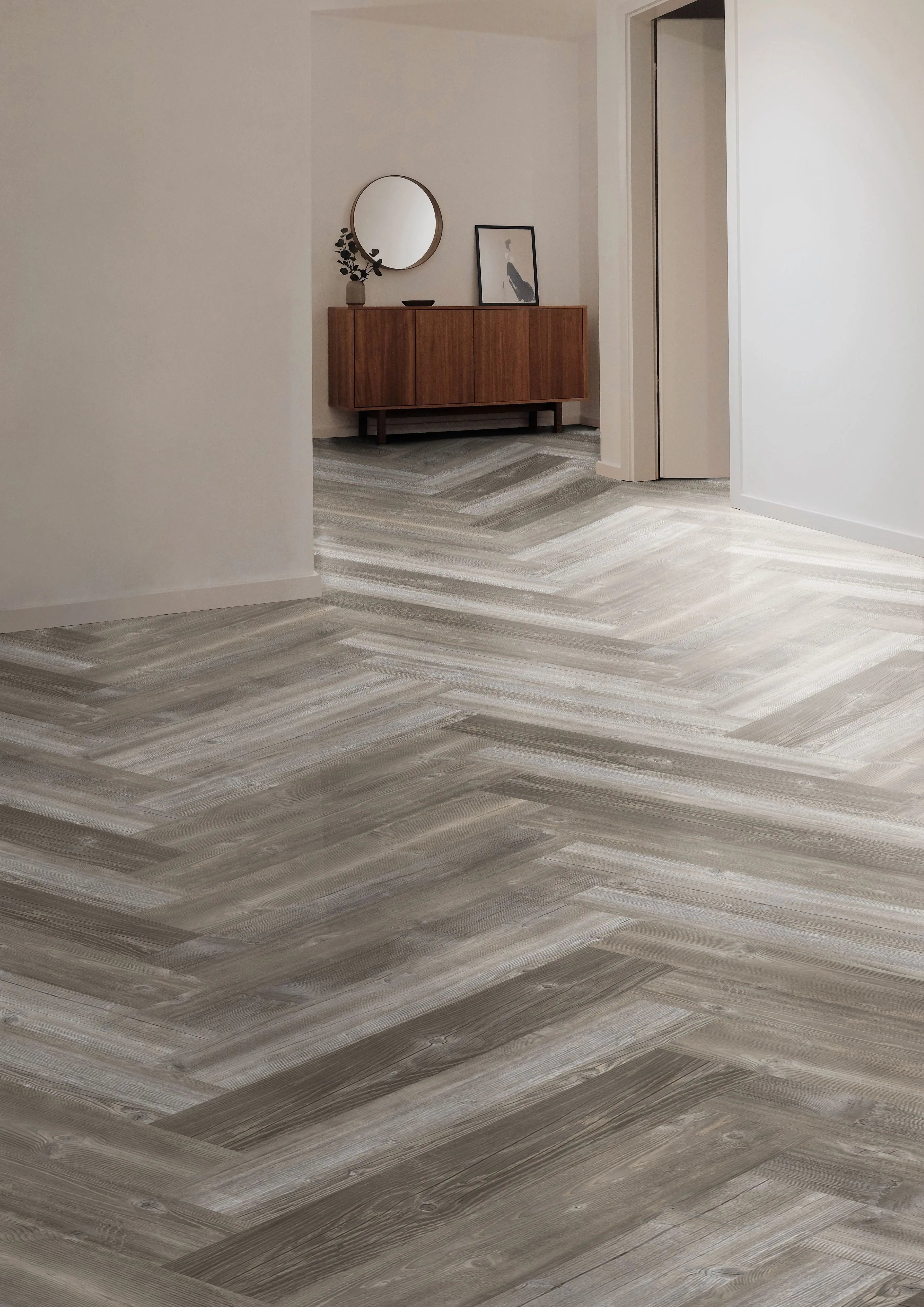 Grey River Pine herringbone luxury vinyl plank flooring room scene