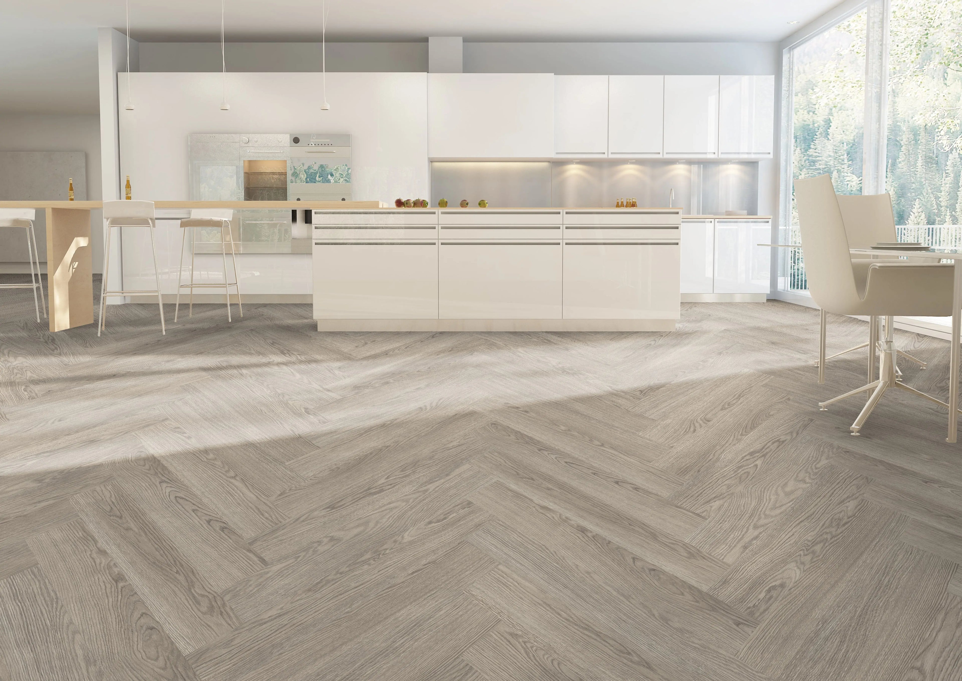 Mistwood herringbone luxury vinyl plank flooring room scene