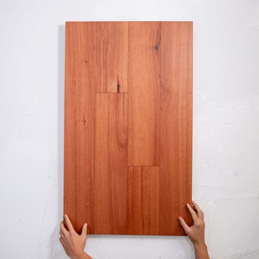 Angled view of Blue Gum Australian Hardwood 14.3mm in Blue Gum colour warm tone timber flooring sample