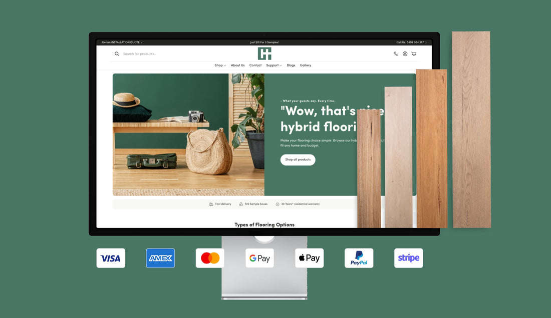 Computer screen displaying a flooring website with payment options below.