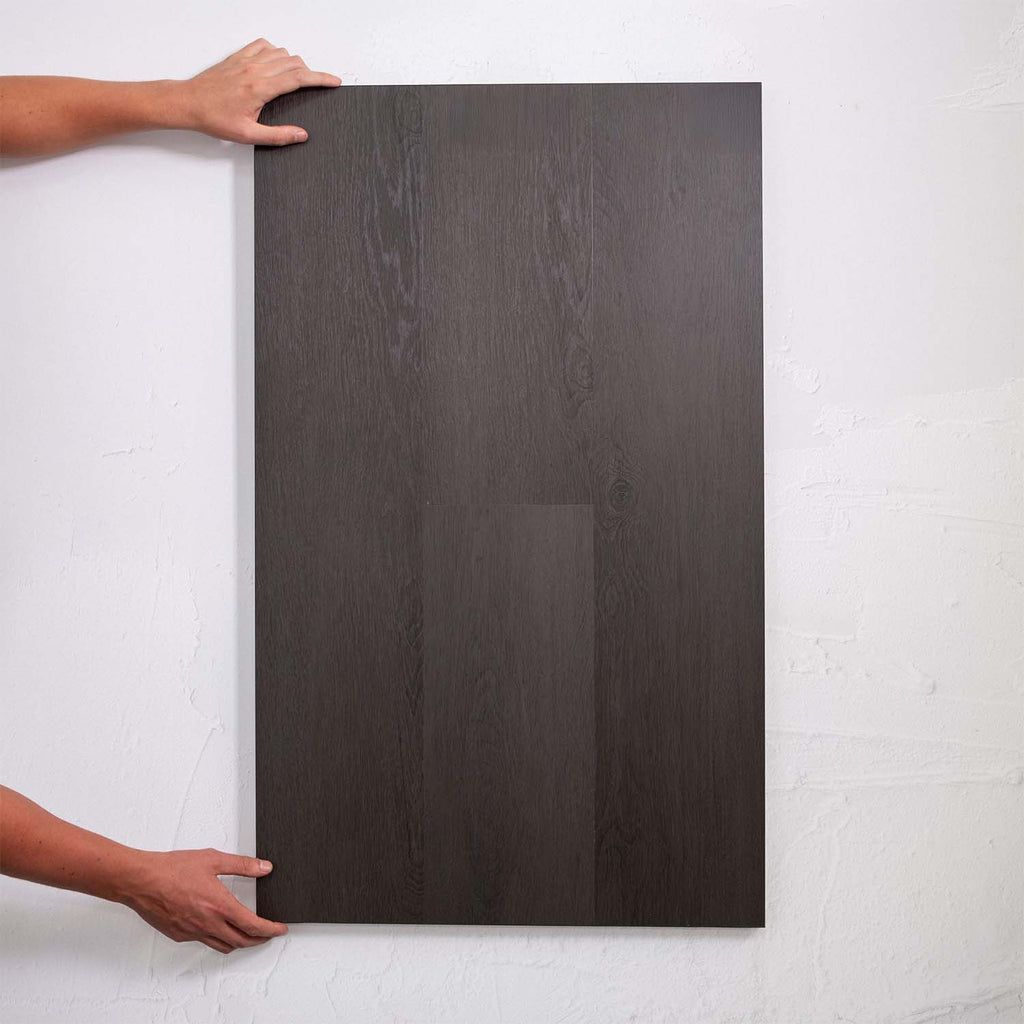 Close-up of Charcoal SPC Hybrid Floorboards 5+1.5mm in Charcoal colour dark shade hybrid flooring sample