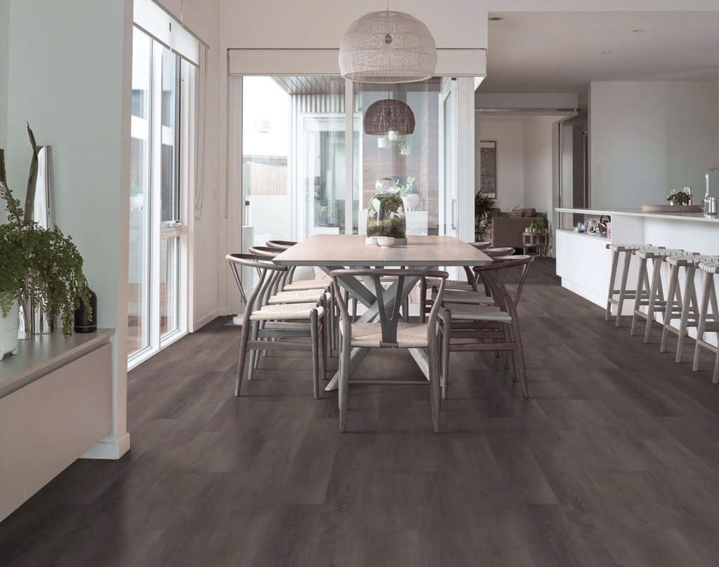 Side view of Charcoal SPC Hybrid Floorboards 5+1.5mm in Charcoal colour dark shade hybrid flooring sample