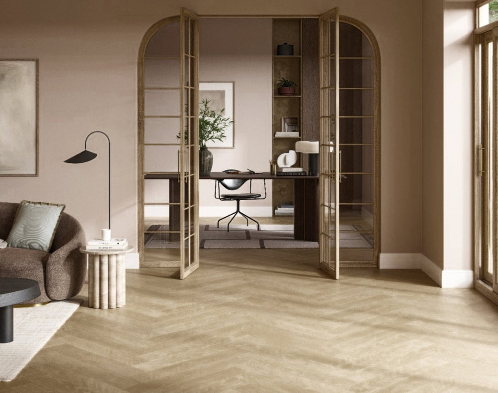 Profile view of Coral Sand Engineered Timber Herringbone 15.3mm in Coral Sand colour warm tone herringbone flooring sample