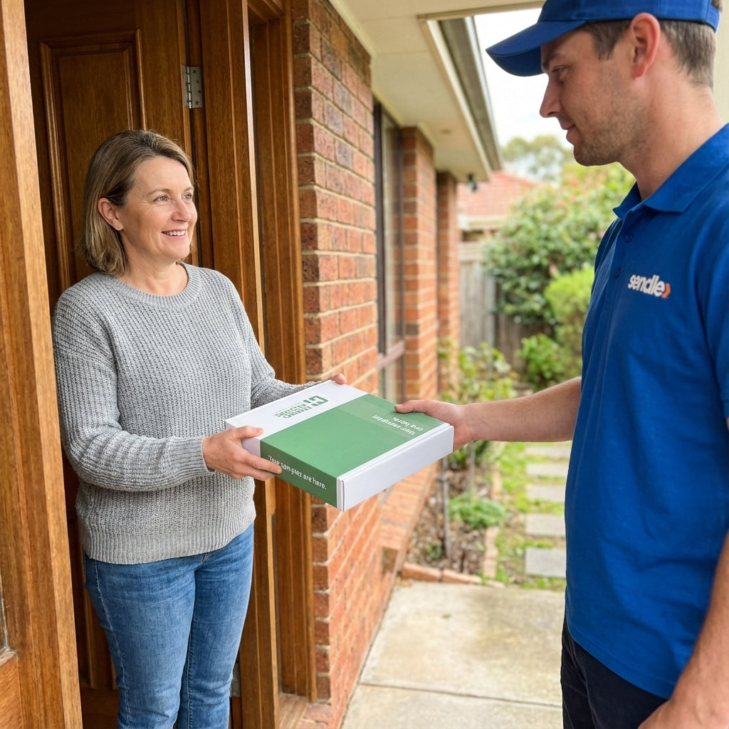 Man in blue uniform delivering a package to a woman at her front door.