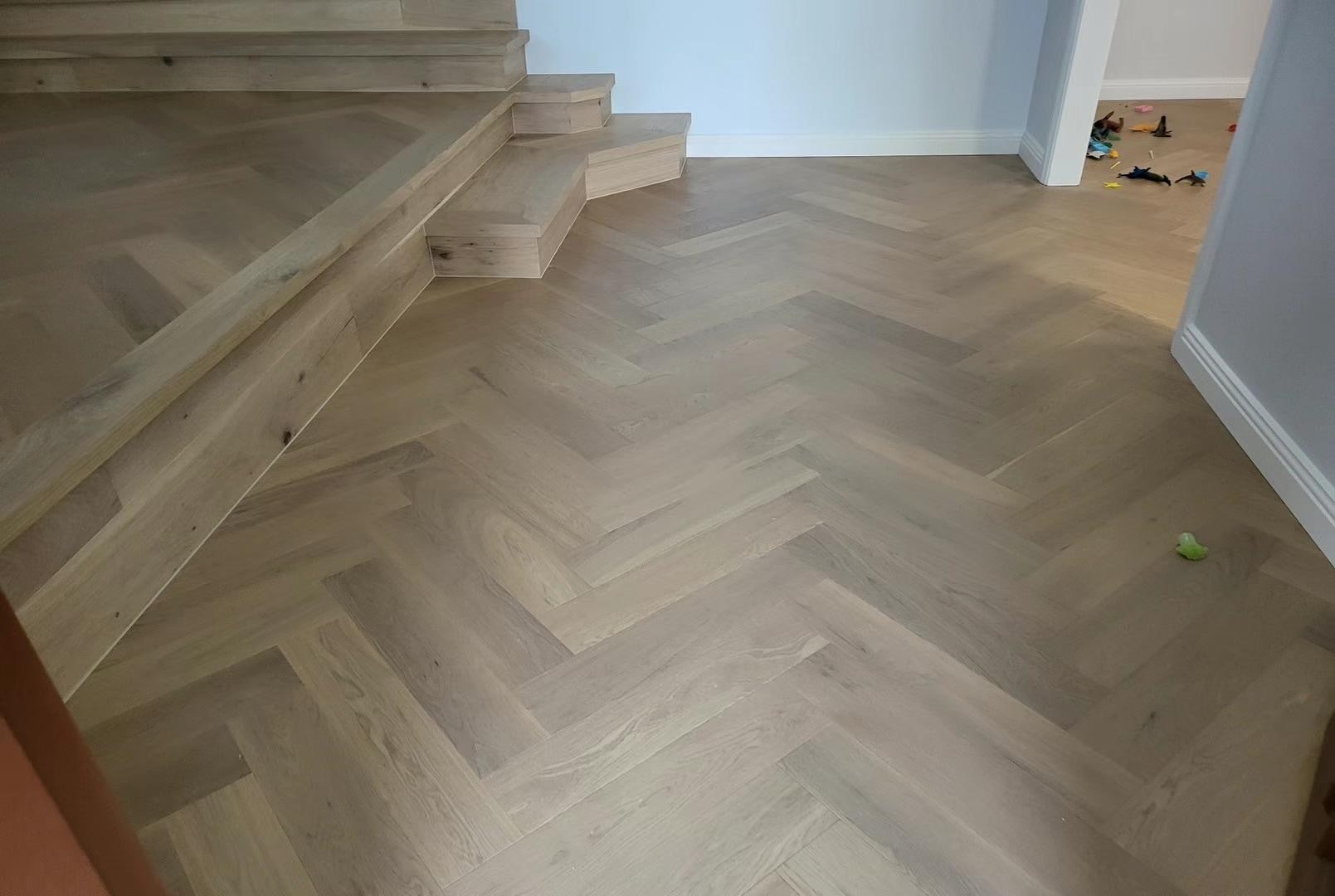 herrinbone flooring stairs and small room
