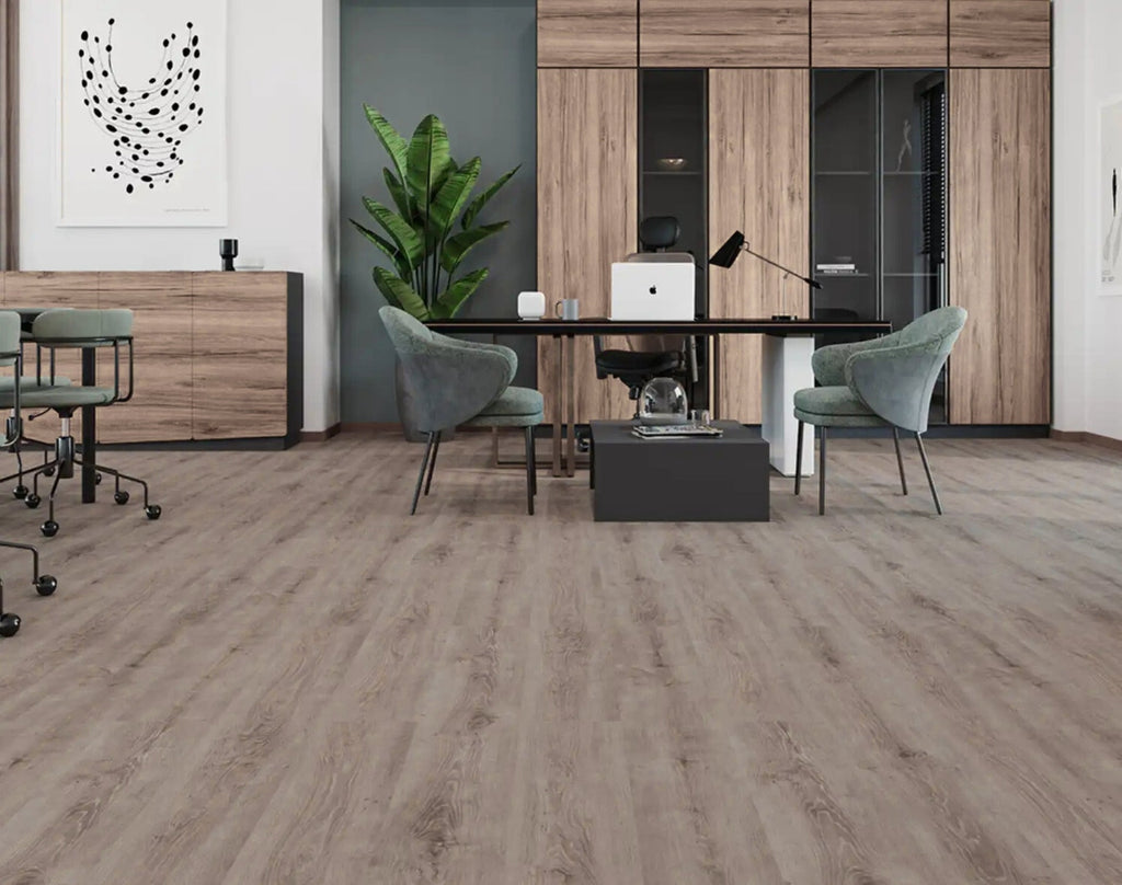 Side view of Harbour Grey SPC Hybrid Floorboards 5+1.5mm in Harbour Grey colour neutral tone hybrid flooring sample