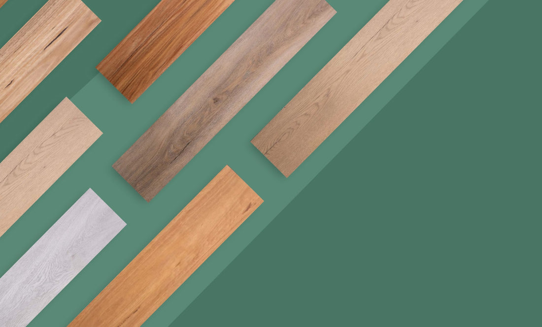 Wooden planks of different types and colors arranged on a green background