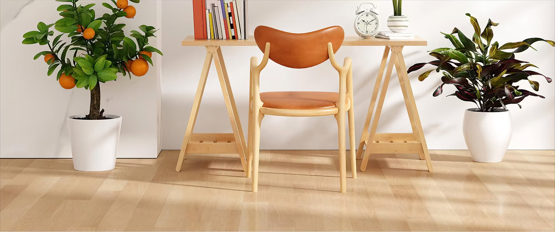 Wooden chair and table with potted plants in a room setting