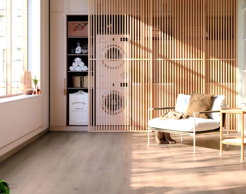 Top-down view of Ivory Beige SPC Hybrid Floorboards 5+1.5mm in Ivory Beige colour warm tone hybrid flooring sample