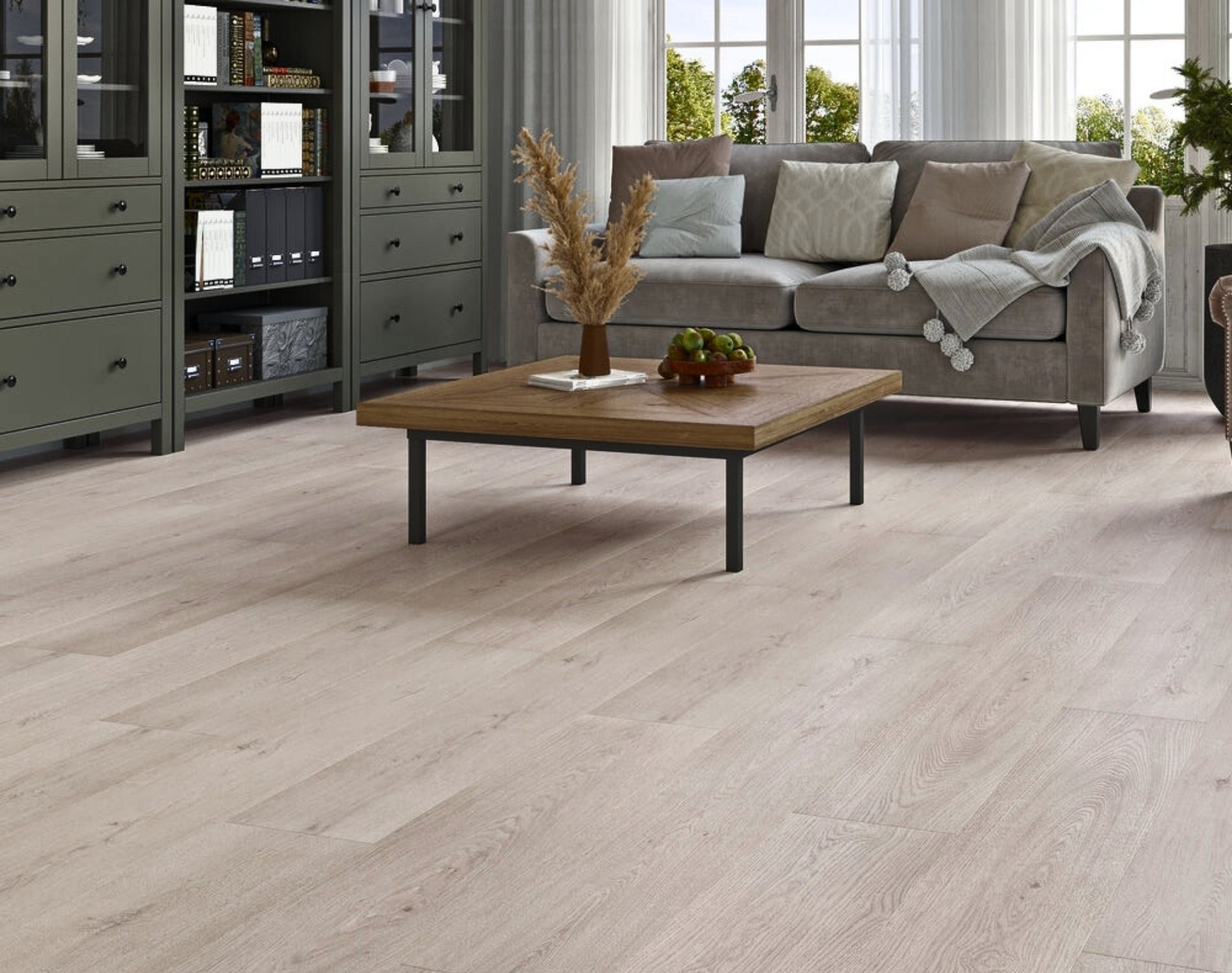 Front view of Koala Grey SPC Hybrid Floorboards 5+1.5mm in Koala Grey colour neutral tone hybrid flooring sample