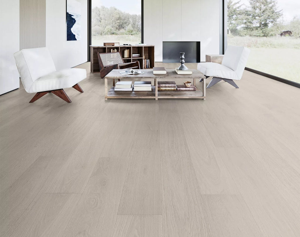 Close-up of Koala Grey SPC Hybrid Floorboards 5+1.5mm in Koala Grey colour neutral tone hybrid flooring sample