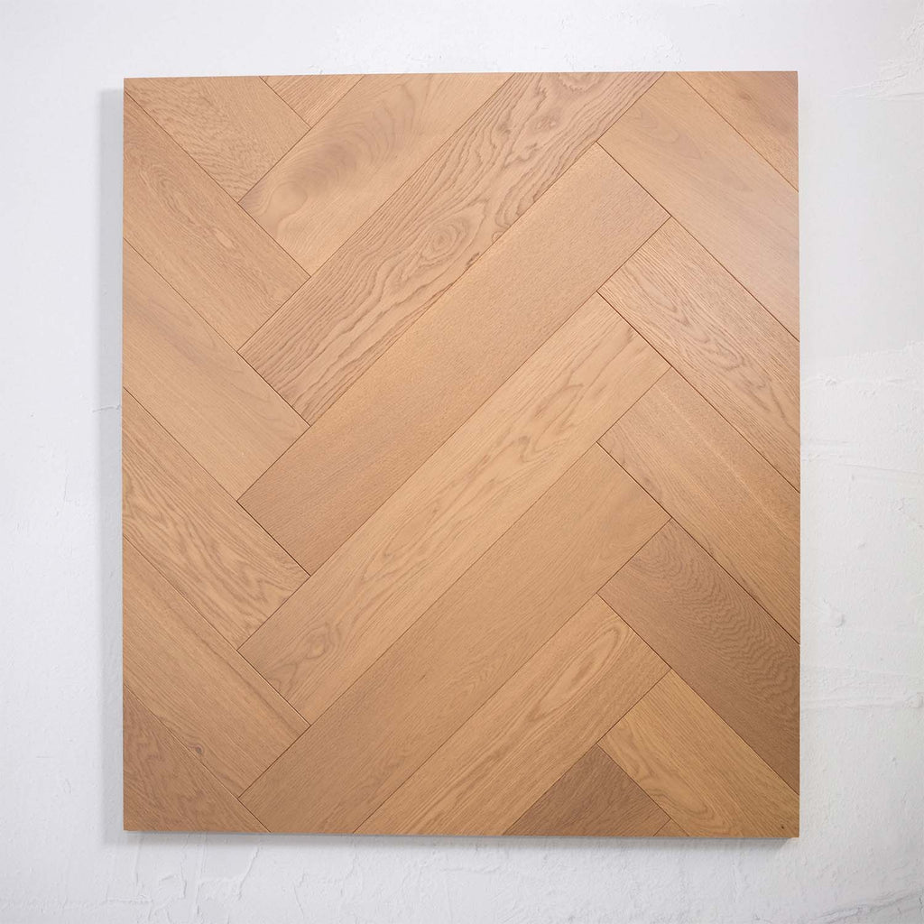 Detailed view of Light Neutral Engineered Timber Herringbone 15.3mm in Light Neutral colour light tone herringbone flooring sample