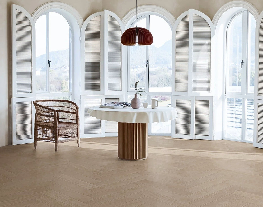 Top-down view of Light Neutral Engineered Timber Herringbone 15.3mm in Light Neutral colour light tone herringbone flooring sample