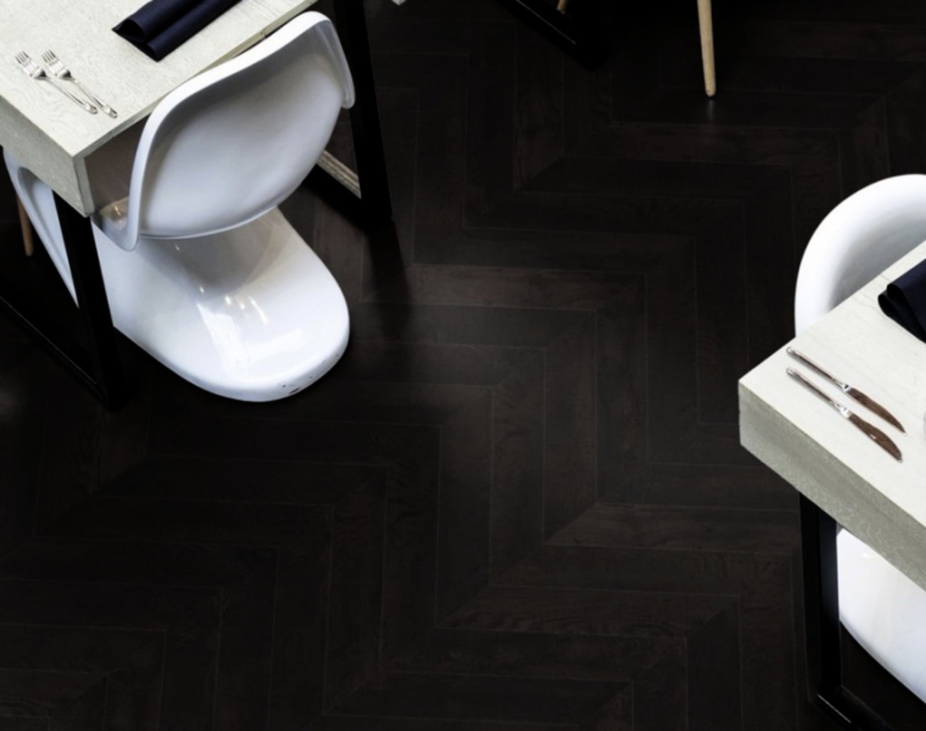 Front view of Midnight Grey Engineered Timber Chevrons 15.3mm in Midnight Grey colour dark shade chevron flooring sample