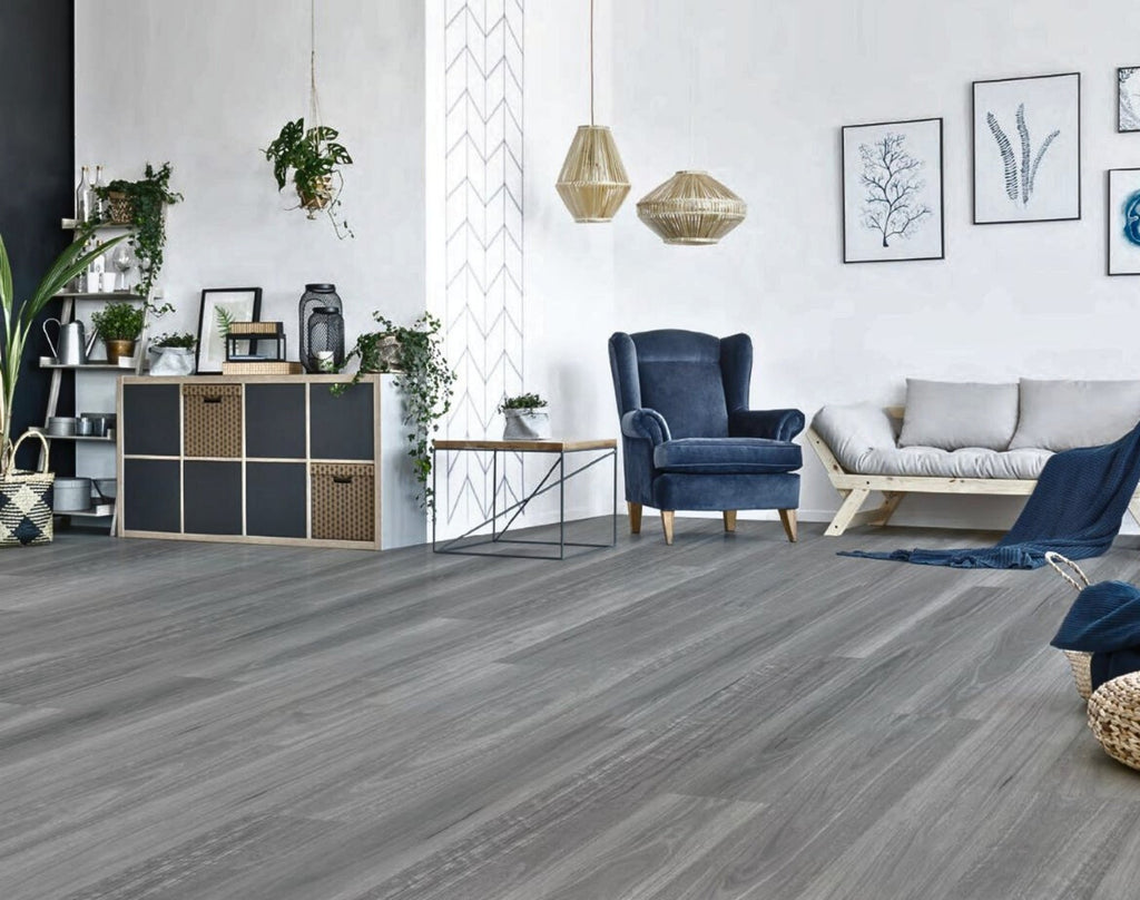 Perspective view of Mystic Grey Urban Laminate Floors 12mm in Mystic Grey colour neutral tone flooring sample