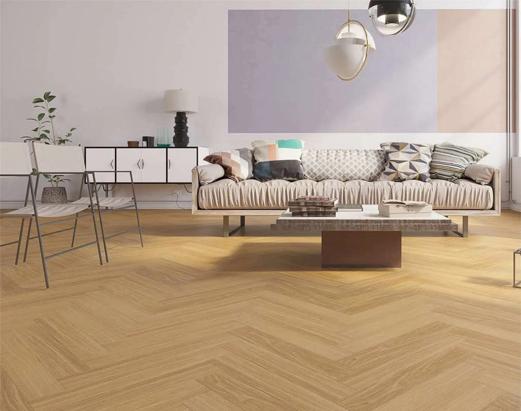 Profile view of Natural Blackbutt SPC Hybrid Floorboards Herringbone 7.5+2mm in Natural Blackbutt colour dark shade herringbone flooring sample