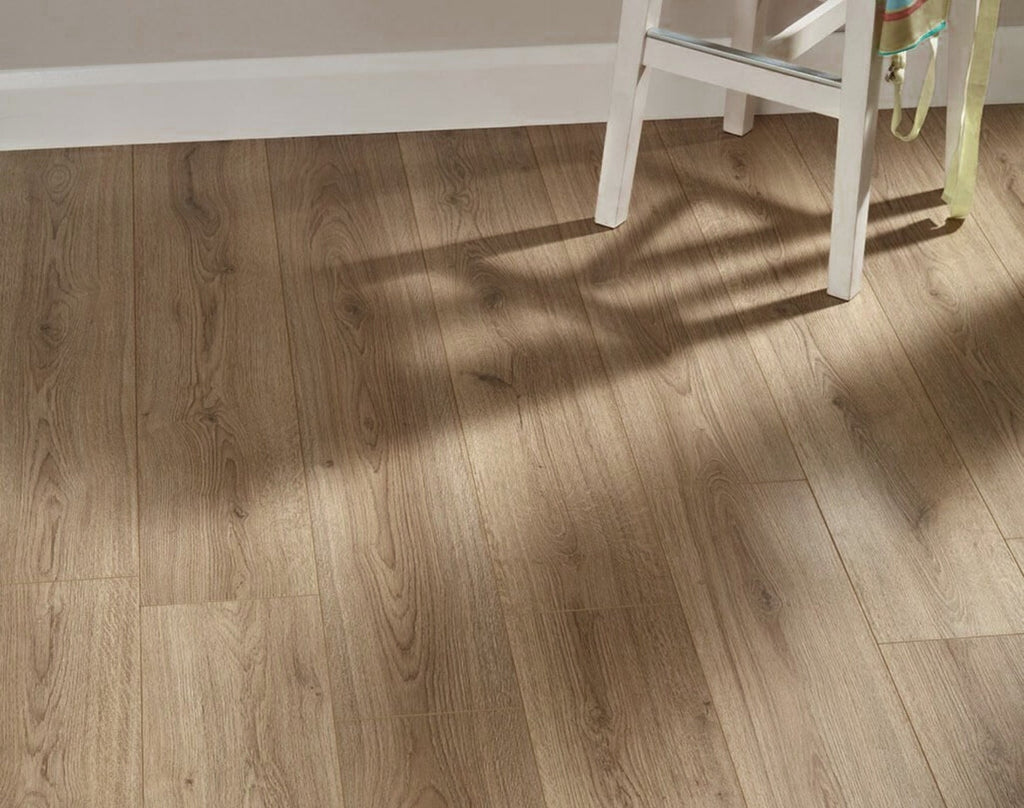 Side view of Natural Oak Urban Laminate Floors 12mm in Natural Oak colour warm tone flooring sample