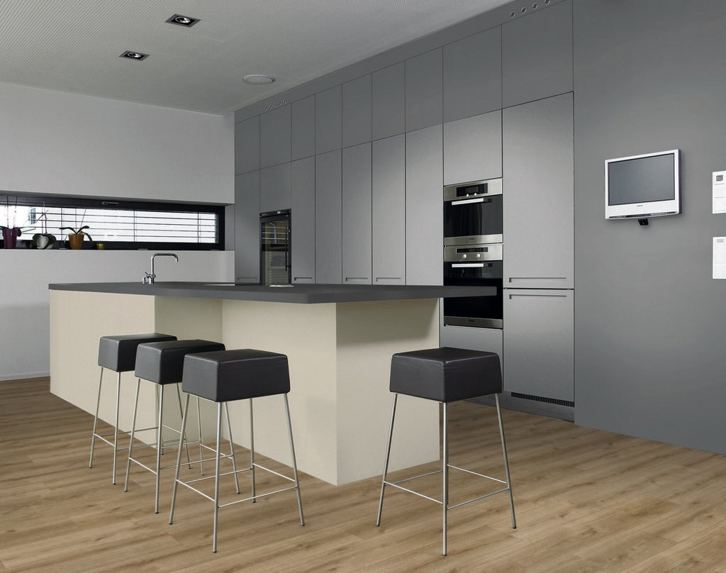 Perspective view of Natural Oak Urban Laminate Floors 12mm in Natural Oak colour warm tone flooring sample