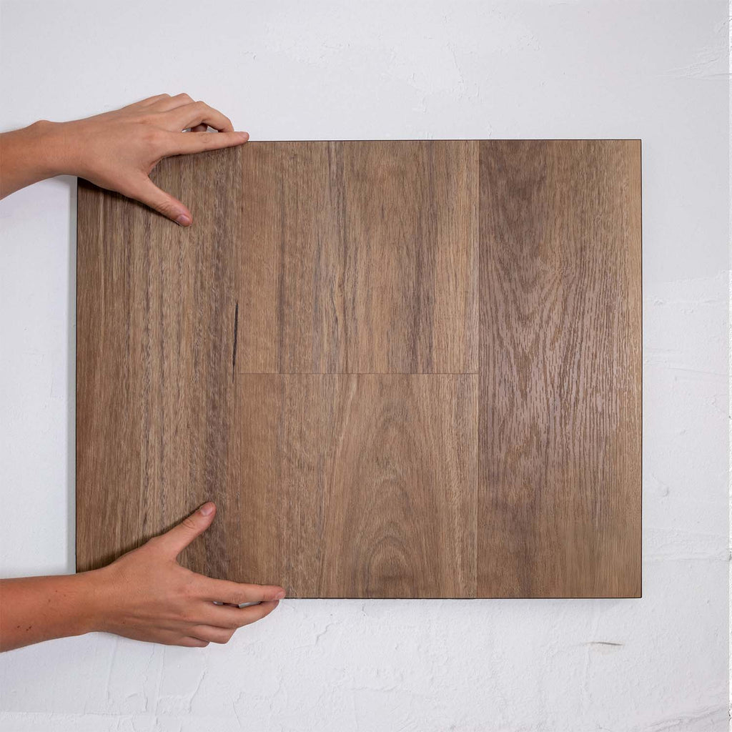 Flat lay of Natural Spotted Gum SPC Hybrid Floorboards 7.5+2mm in Natural Spotted colour warm tone hybrid flooring sample