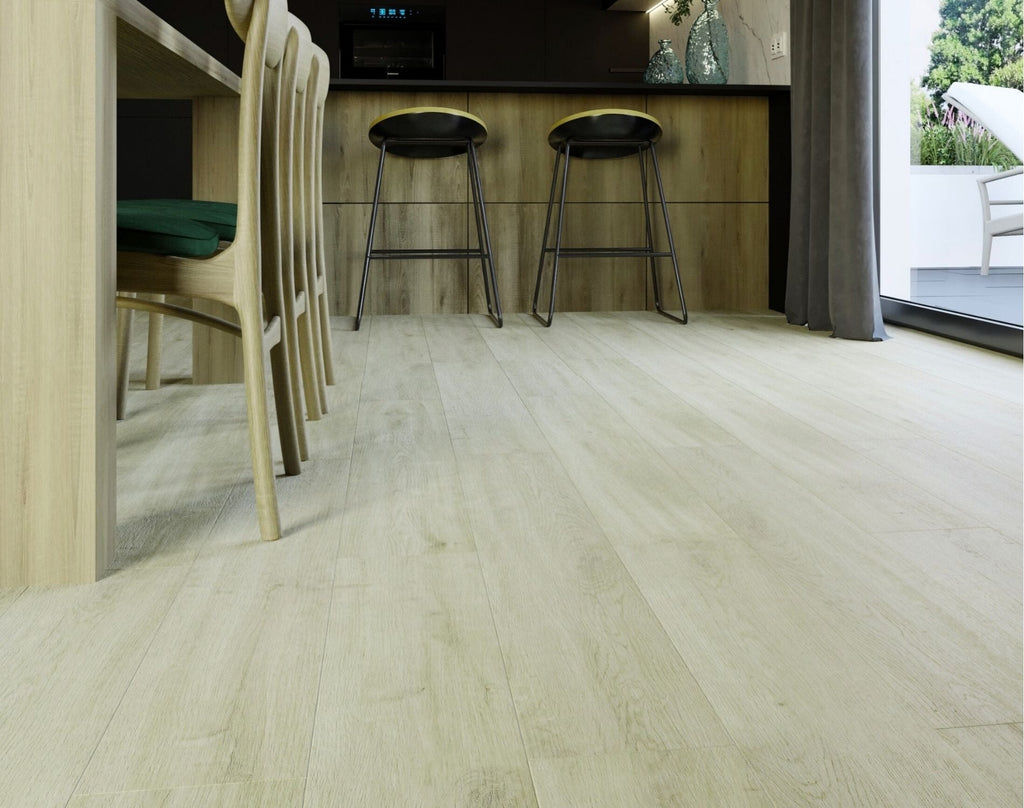 Front view of Seashell Urban Laminate Floors 12mm in Seashell Urban colour neutral tone flooring sample