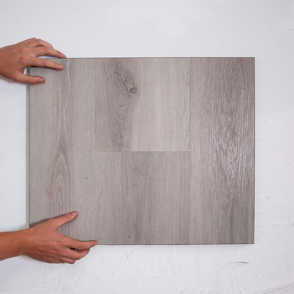 Top-down view of Snow Grey SPC Hybrid Floorboards 7.5+2mm in Snow Grey colour light tone hybrid flooring sample