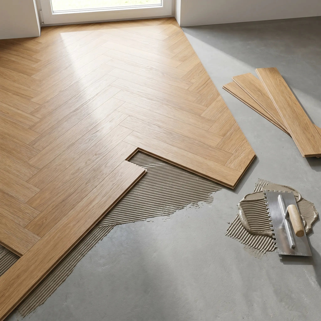 Sierra Oak herringbone vinyl flooring glue-down installation