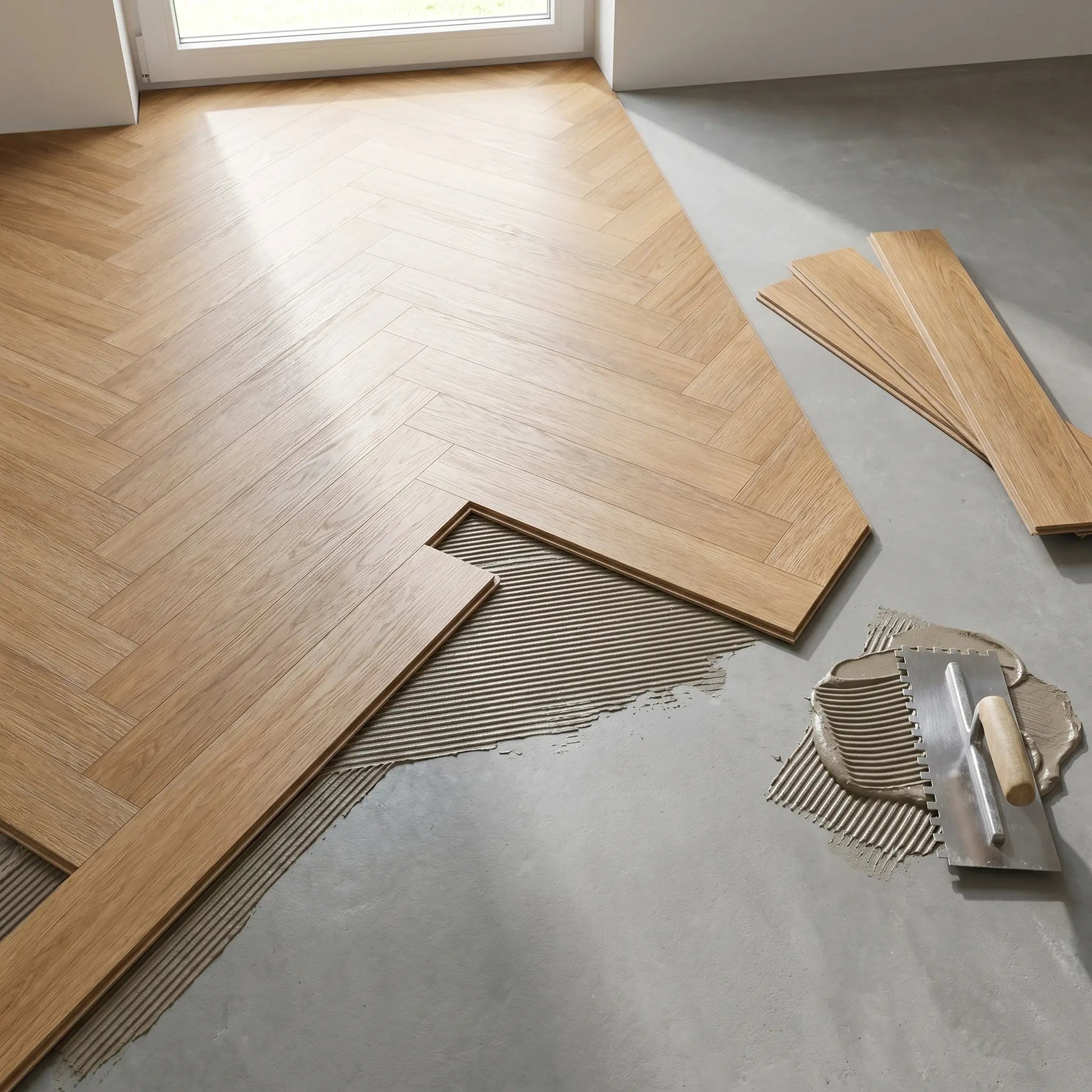 Sierra Oak herringbone vinyl flooring glue-down installation