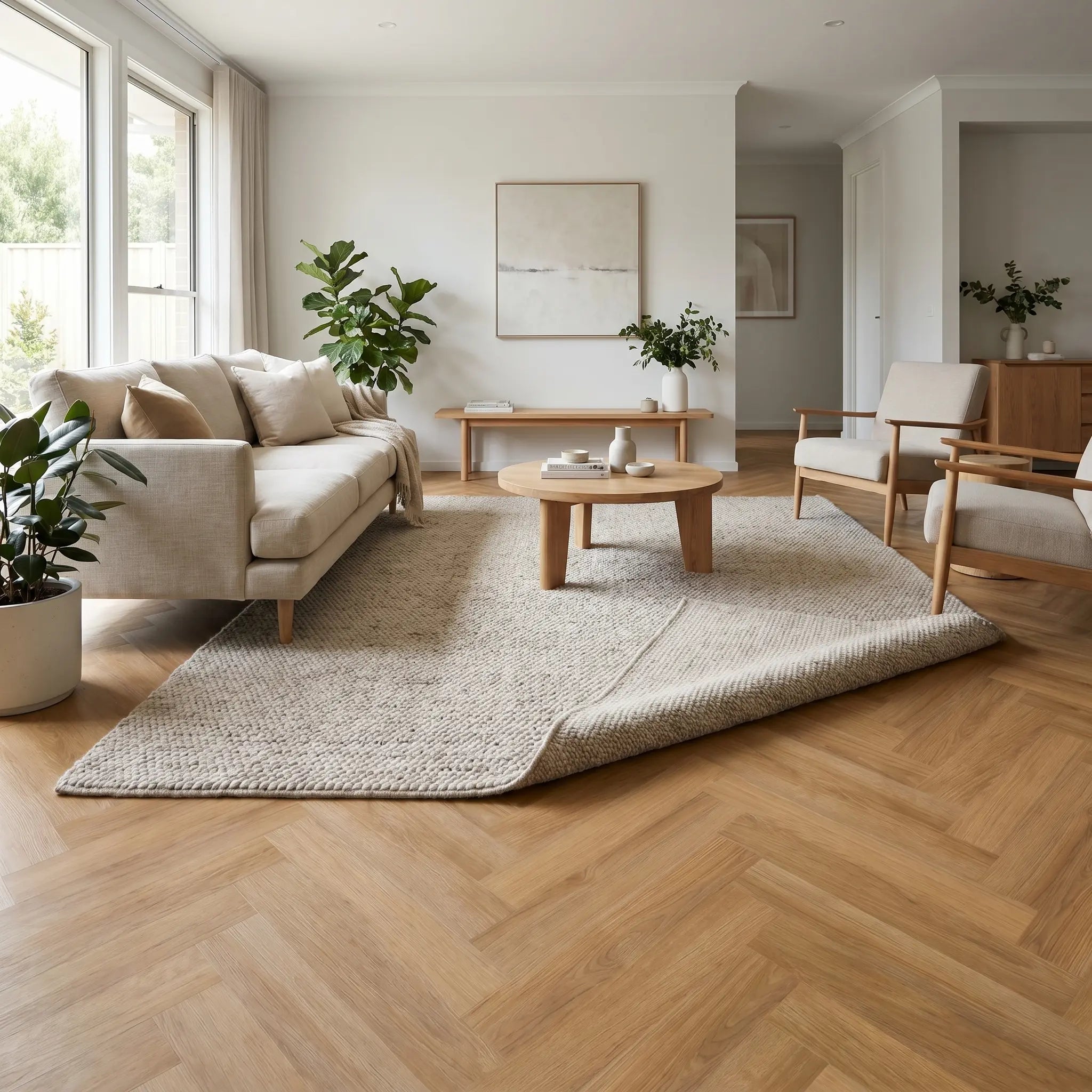 Sierra Oak herringbone vinyl flooring in a styled room