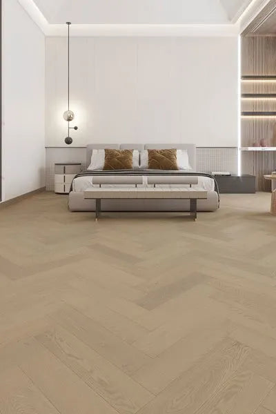 Perspective view of Light Neutral Engineered Timber Herringbone 15.3mm in Light Neutral colour light tone herringbone flooring sample